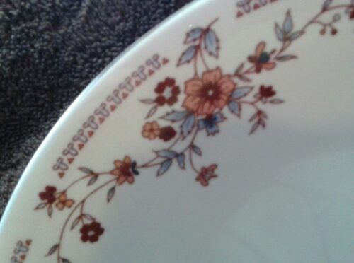 A close up of the floral pattern on a plate.
