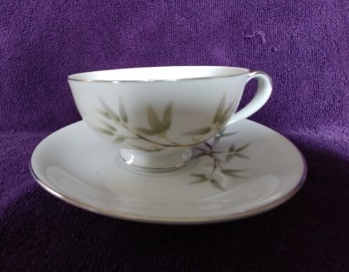 A tea cup and saucer with leaves on it.