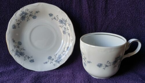 A white cup and saucer with blue flowers on it.