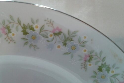 A close up of the floral pattern on a plate