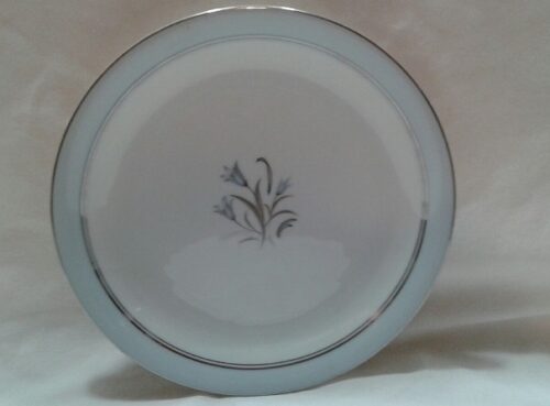 A white plate with some blue and silver trim