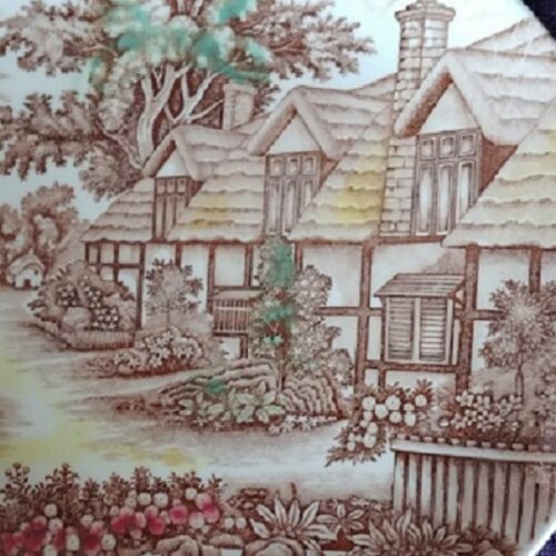 A painting of a house with trees and bushes.