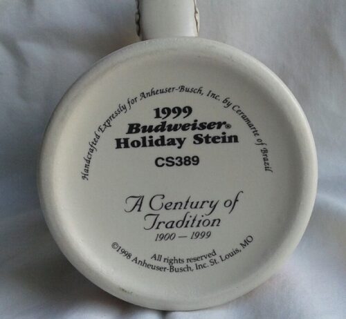 A close up of a plate with the words " budweiser holiday stein 1 9 9 9 ".