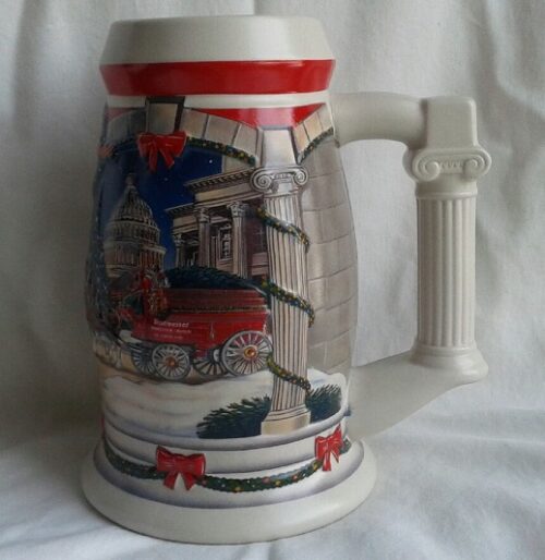 A beer mug with a picture of a truck on it.
