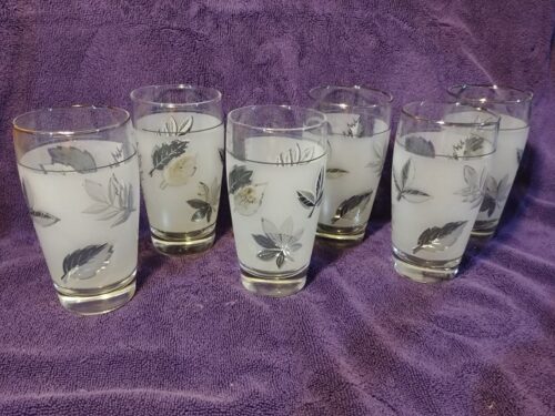 Libbey Silver Leaf Beverage Glasses Set of 7 A group of six glasses with water in them.
