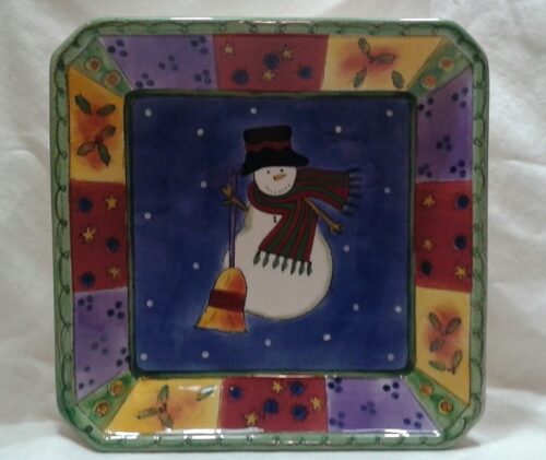 A square plate with a snowman on it.