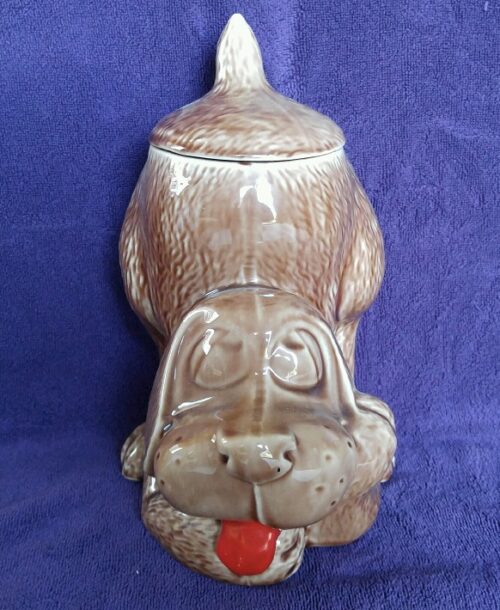 McCoy Thinking Puppy Cookie Jar A brown dog head shaped container with red tongue.