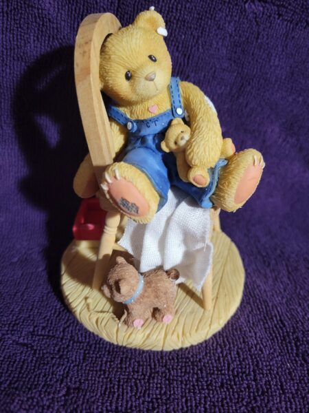 Cherished Teddies Joseph “Everyone Has Their Old Friends To Hug” Cherished Teddies by Enesco Enesco #476471A Baby on wooden chair with blanket.