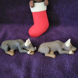 Sandcast Red & Black Dobermans "Pesky Peepers" & Plaster Pup in Stocking