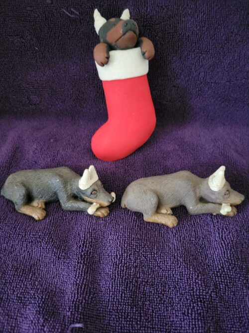 Sandcast Red & Black Dobermans "Pesky Peepers" & Plaster Pup in Stocking