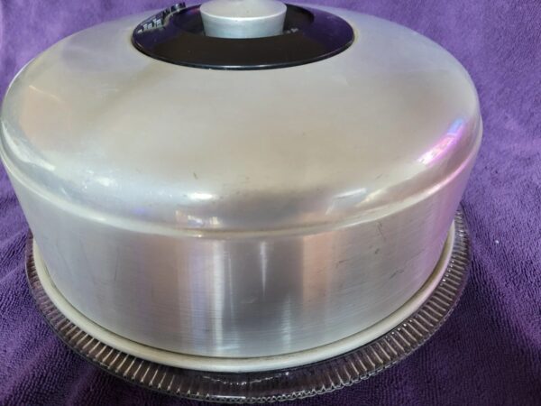 KROMEX Aluminum Cake Saver Cover w/Footed Glass Cake Plate